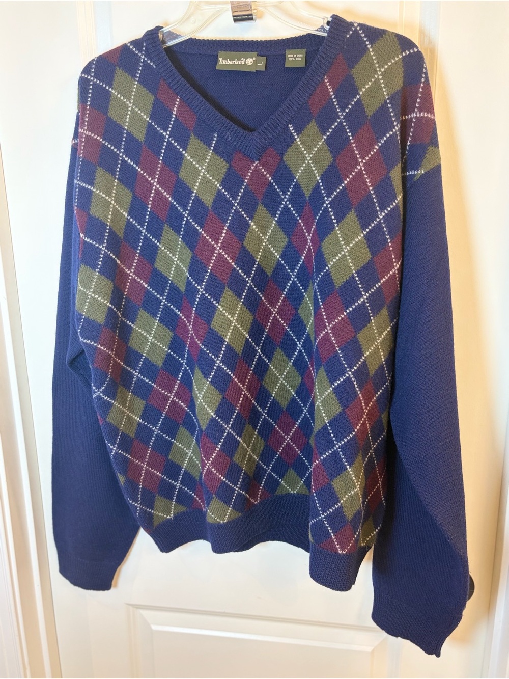 Vintage mens Timberland size large Argyle V Neck Sweater 100% Merino Wool 1997